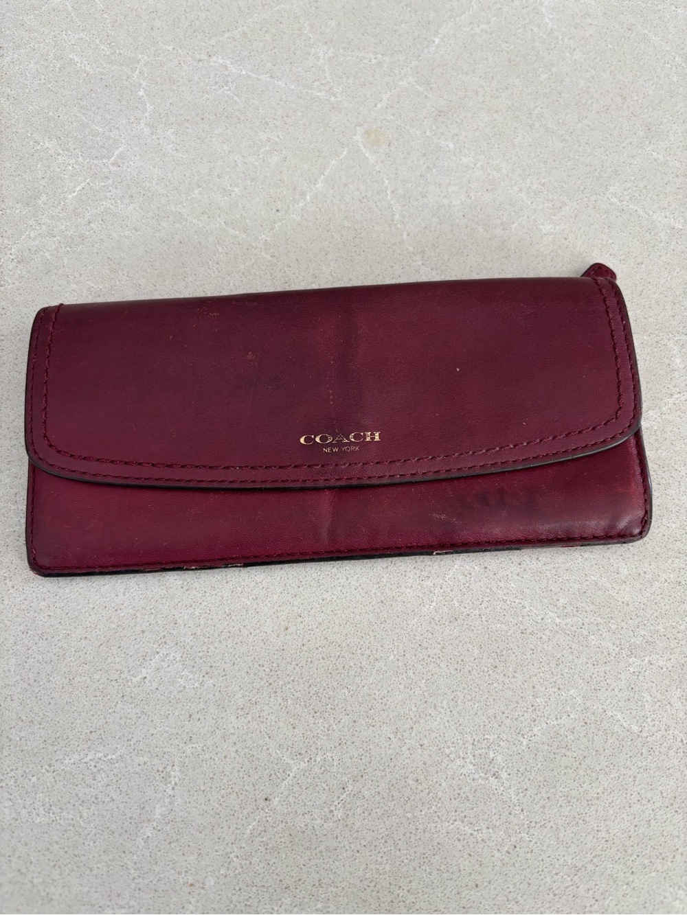 COACH Burgundy Leather Slim Envelope Wallet Burgundy Fuchsia Pink Long Flaws